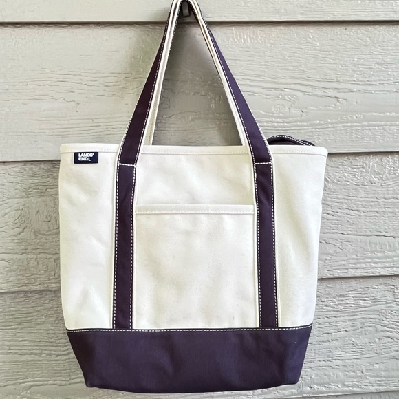 Lands' End Handbags - Lands’ End Boat & Tote Canvas Bag & Pouch Heavyweight Bag Zip Cream/Blue New